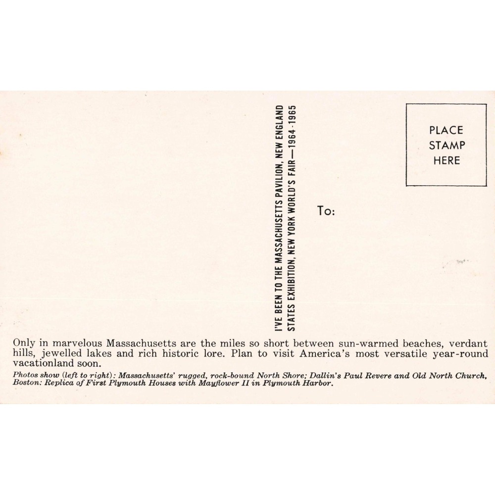 Vintage 1964-1965 New York Worlds Fair Massachusetts Pavilion Postcard Boston - Picture 2 of 2